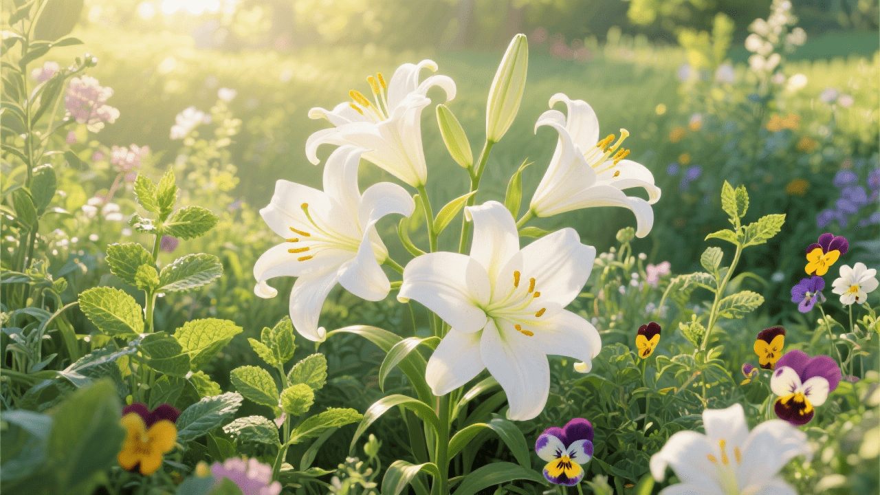 Lilies growing in a sunny garden with companion plants