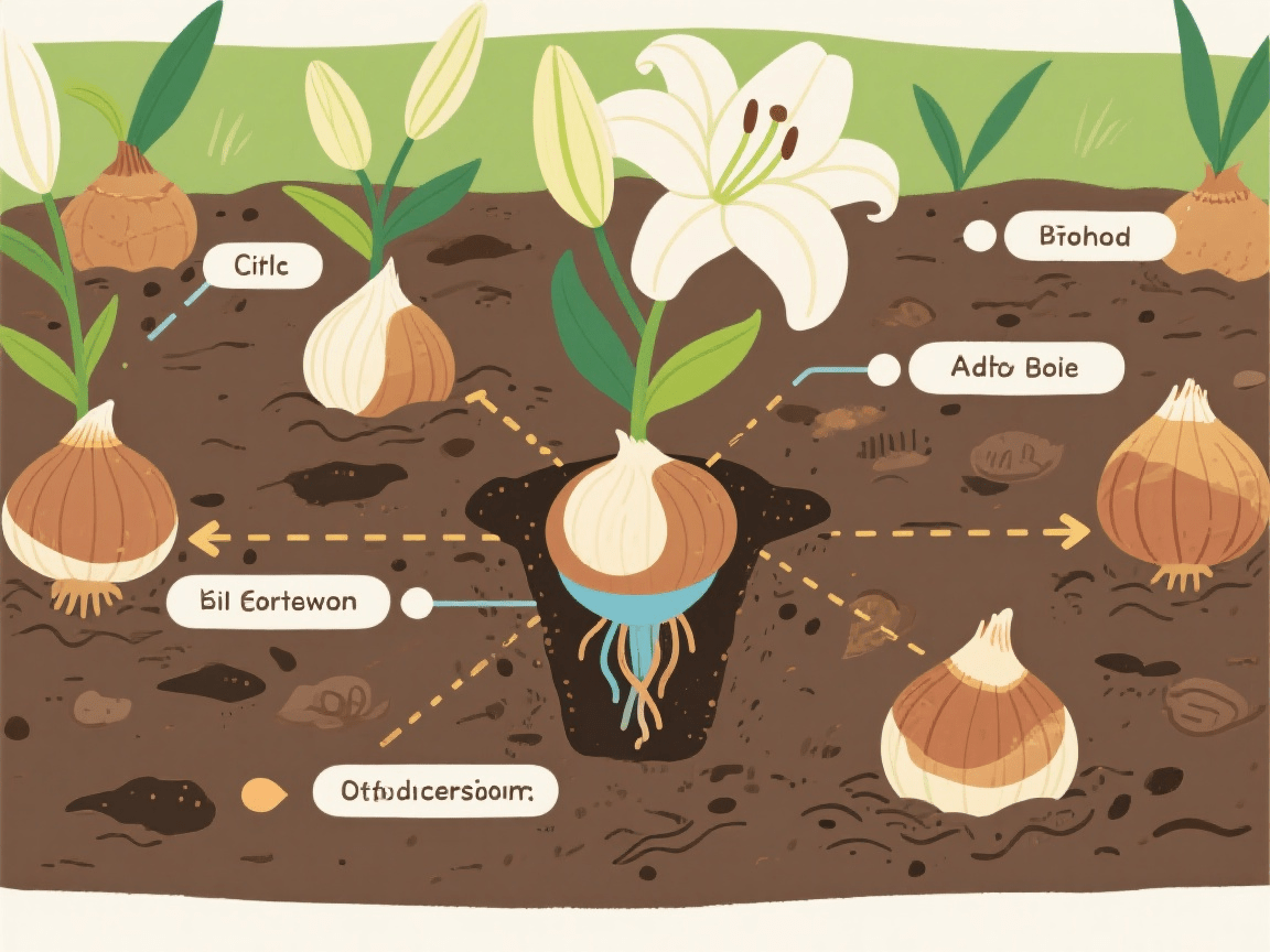 Step-by-step diagram of planting lily bulbs